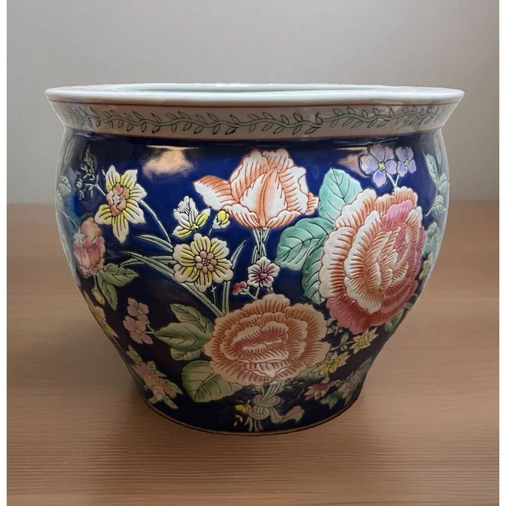 Vintage Porcelain Asian Fish Bowl Planter Pot Koi Chinoiserie 12x10 Blue Floral
